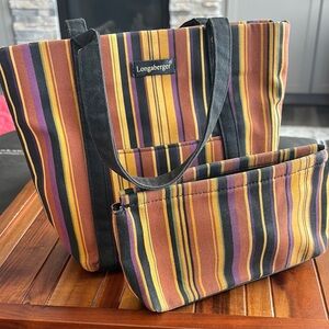 Longaberger Homestead Multi Color Striped  Tote Matching Pouch